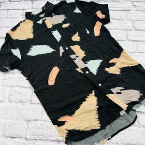 Astrneme Mens Button Up Casual Shirt Small Black Geometric Short Sleeve